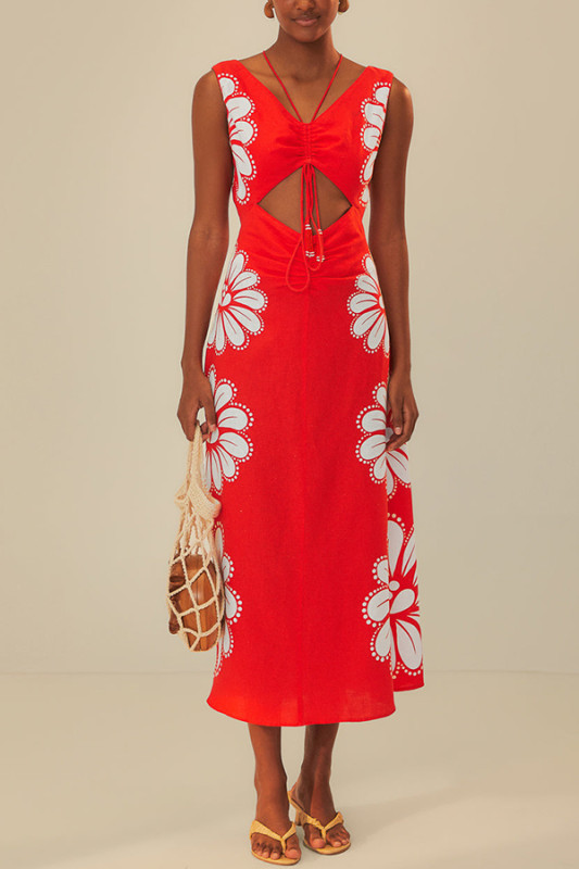 Summer Embrace Linen Blend Floral Print Drawstring Cutout Detail Midi Dress
