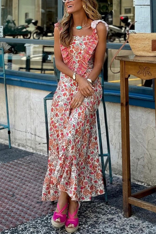 Garden Goddess Floral Print Ruffle Design Maxi Dress