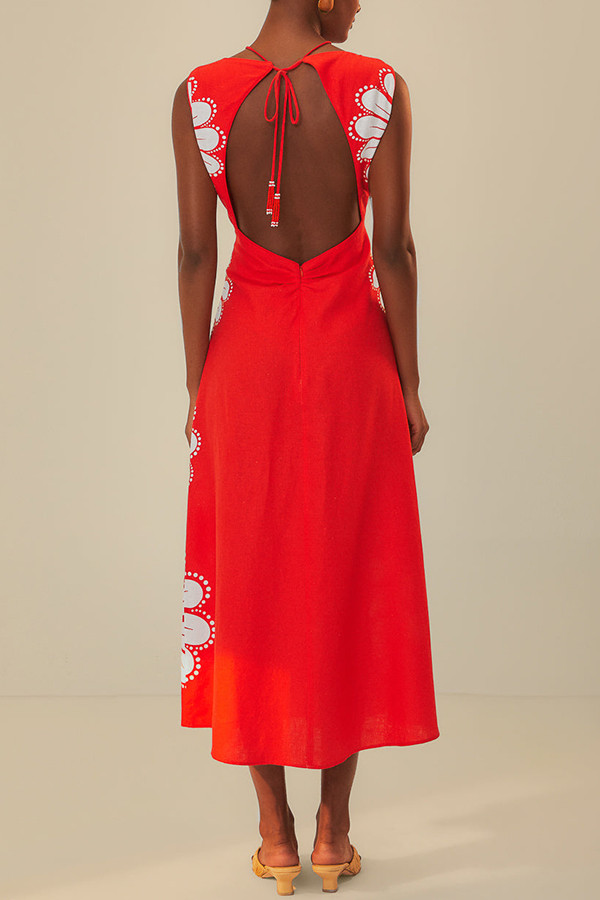 Summer Embrace Linen Blend Floral Print Drawstring Cutout Detail Midi Dress