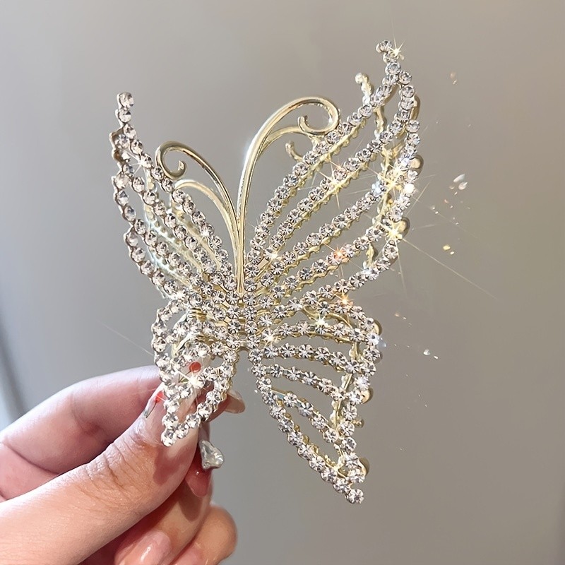 1\u002F2\u002F3pcs Butterfly Crystal Hair Claw Clips Pearl Rhinestone Golden Metal Hair Clips Large Gem Hair Jaw Clips Strong Hold Non-Slip Hair Catch Barrettes Clamps For Thick And Thin Hair Accessories For Women Daily Use