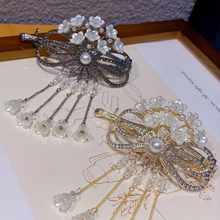 1-2pcs Faux Pearl Flower Tassel Hairpin, Twist Clip, Hair Accessories, Headwear For Teen Girls