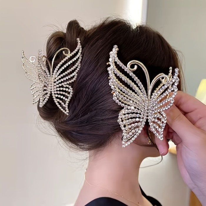 1\u002F2\u002F3pcs Butterfly Crystal Hair Claw Clips Pearl Rhinestone Golden Metal Hair Clips Large Gem Hair Jaw Clips Strong Hold Non-Slip Hair Catch Barrettes Clamps For Thick And Thin Hair Accessories For Women Daily Use