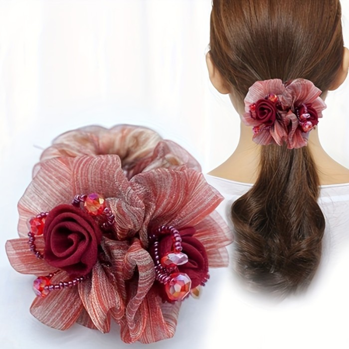 1pc Elegant Beads Flower Decorative Hair Loop Vintage Elastic Hair Tie Ponytail Holder For Women And Daily Use