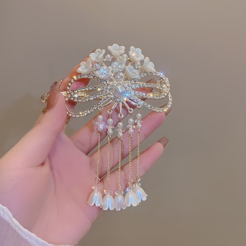 1-2pcs Faux Pearl Flower Tassel Hairpin, Twist Clip, Hair Accessories, Headwear For Teen Girls