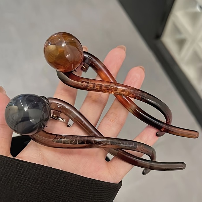 Sleek Monochrome  Luxury Coffee Brown Faux Pearl Hair Clip - Vintage-Inspired Twist Design For Sophisticated Hairstyles