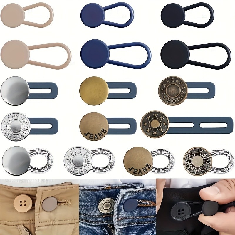16-Piece No-Sew Instant Waistband Extenders For Jeans - Adjustable Denim Button Expanders In Khaki, Blue, Black
