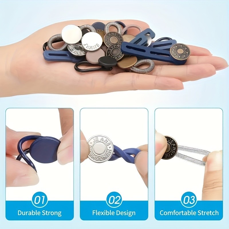 16-Piece No-Sew Instant Waistband Extenders For Jeans - Adjustable Denim Button Expanders In Khaki, Blue, Black