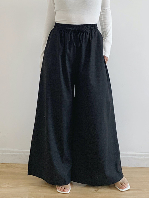 High Waisted Loose Drawstring Elasticity Pockets Solid Color Pants Trousers