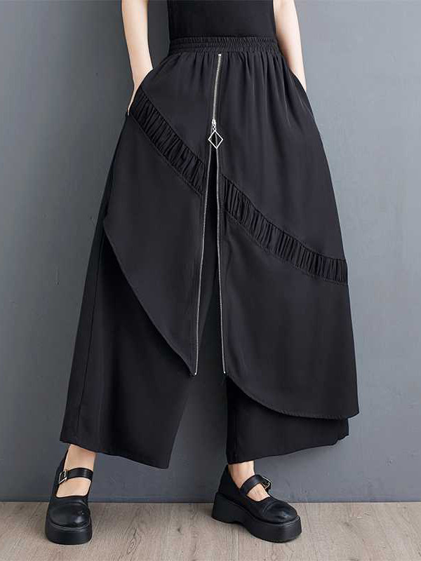 High Waisted Loose Elasticity Pleated Pockets Split-Joint Zipper Culotte Pants