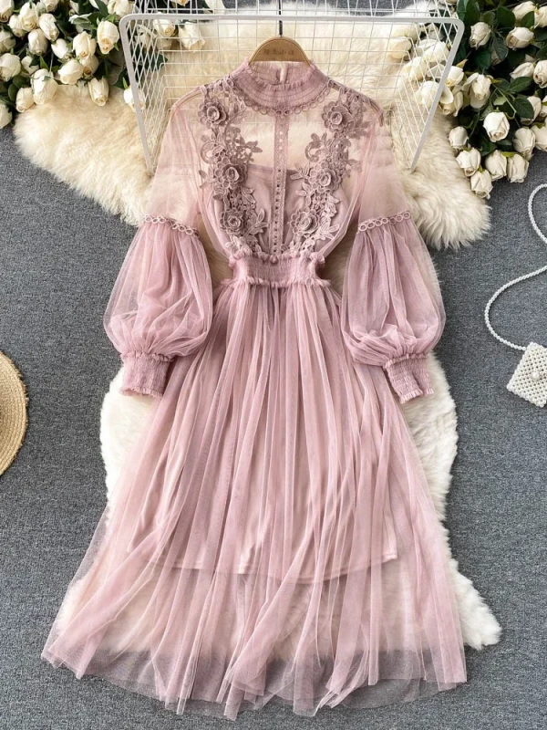 Flower Hook Mesh Temperament Stand Collar Lantern Sleeve High Waist Slim Female Dresses