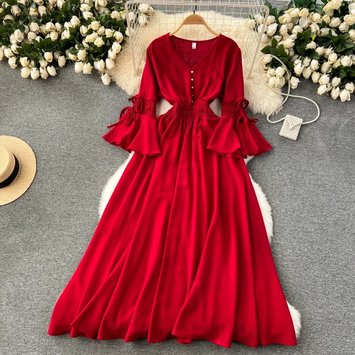 Vintage V-Neck Flare Sleeve Draped Ruffle Maxi Dresses
