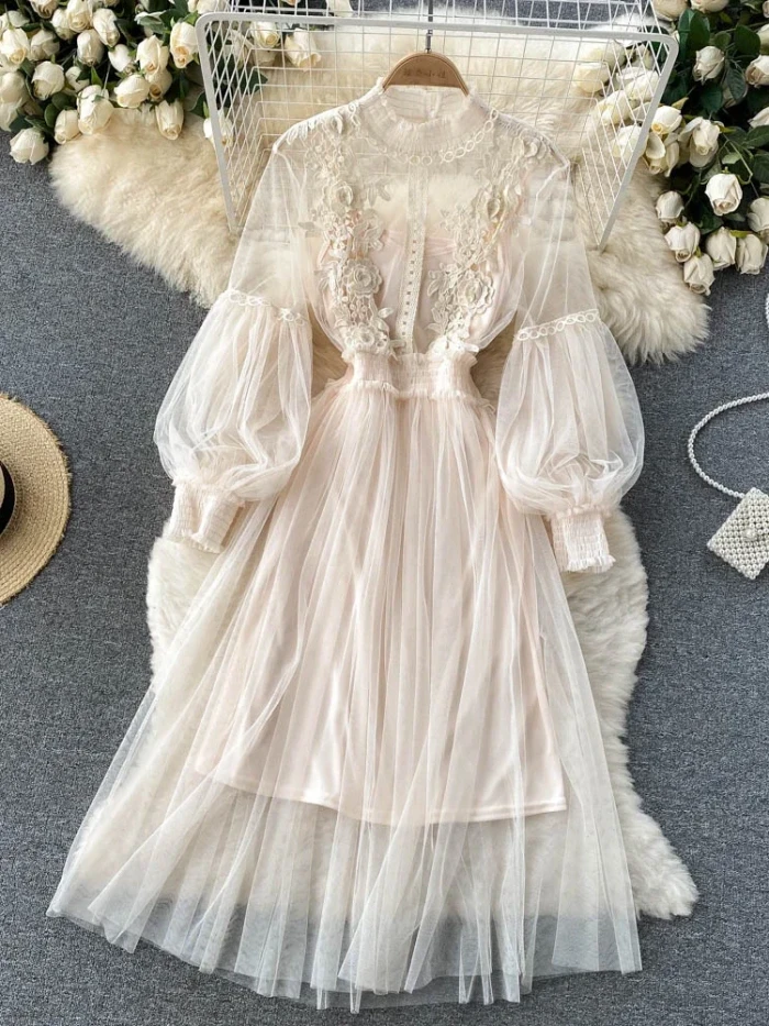 Flower Hook Mesh Temperament Stand Collar Lantern Sleeve High Waist Slim Female Dresses