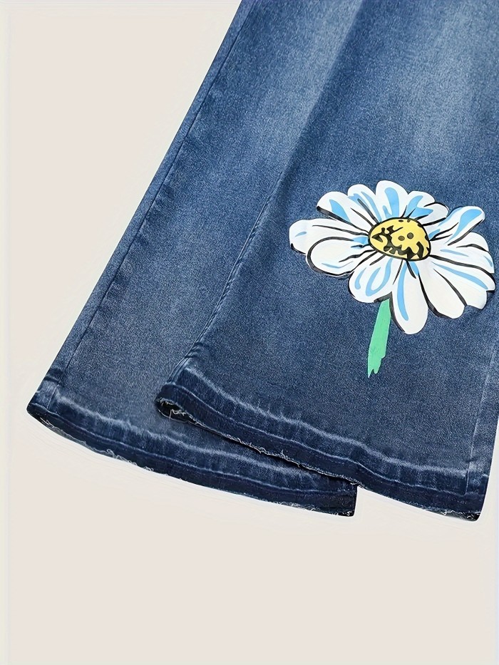 Women's Bohemian Style High Stretch Floral Printed Capri Denim Jeans, Capri Wide-Leg Pants