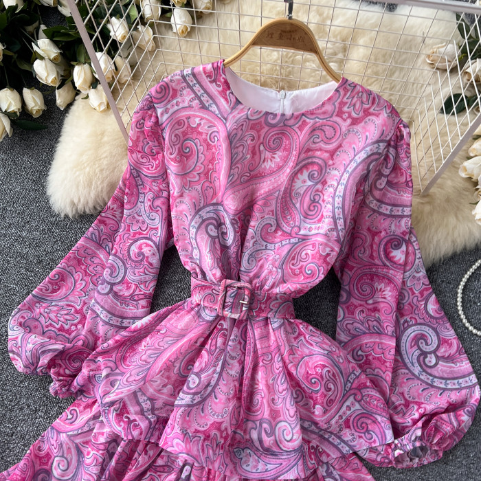 Elegant Ruffle Cake Layered Big Swing  Bohemian Floral Chic Belted Long Dresses