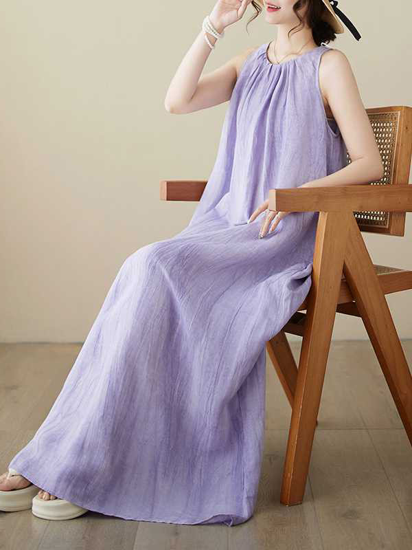 A-Line Loose Pleated Solid Color Round-Neck Midi Dresses