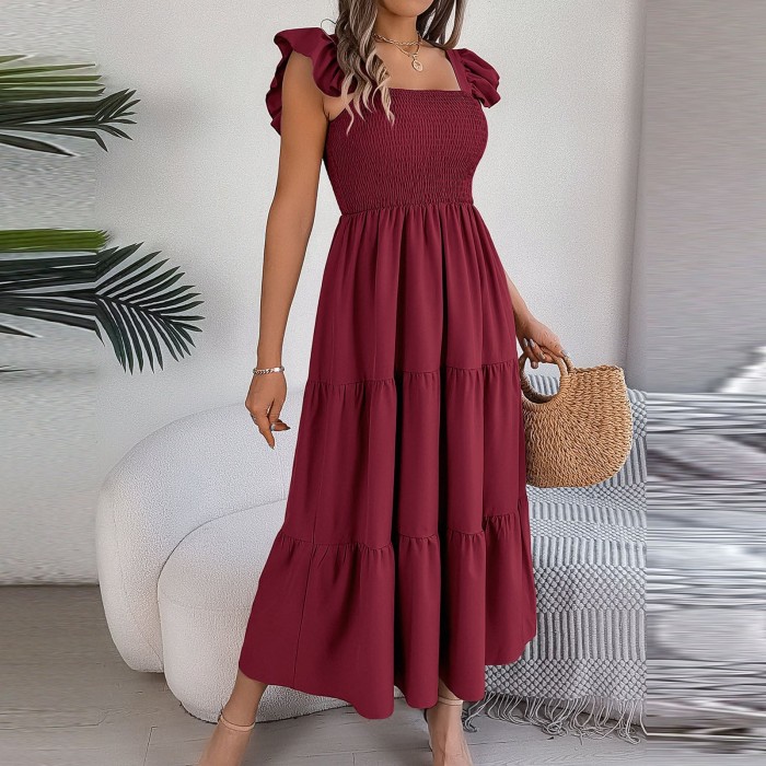Solid Tank Square Collar Sleeveless A-Line Maxi Dress Backless Slim Waist Pleated Beach Dresses
