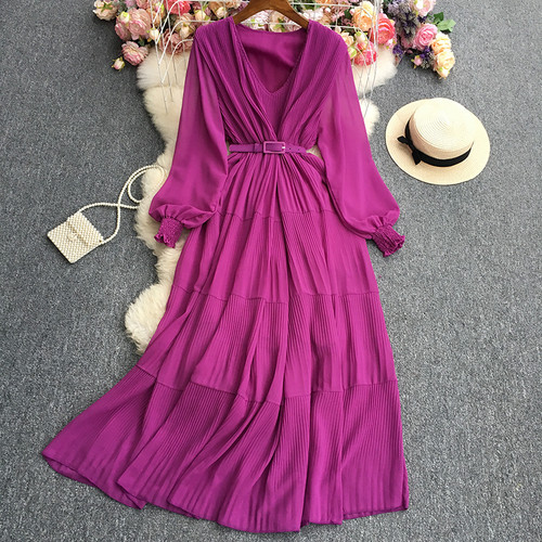 Summer Chiffon Long Dress for Women Pleated Folds Patchwrok Full Sleeve Vintage  Maxi Dresses