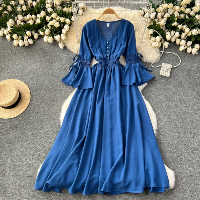 Vintage V-Neck Flare Sleeve Draped Ruffle Maxi Dresses