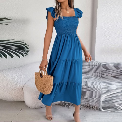 Solid Tank Square Collar Sleeveless A-Line Maxi Dress Backless Slim Waist Pleated Beach Dresses