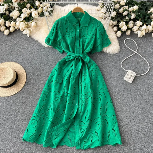 Lace Embroidery Dress Women Short Sleeves Female Vintage Party Beach Maxi Long Dresses