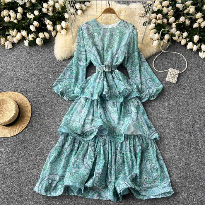 Elegant Ruffle Cake Layered Big Swing  Bohemian Floral Chic Belted Long Dresses