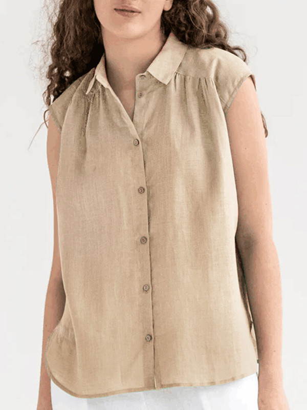 Loose Sleeveless Buttoned Pleated Solid Color Lapel Blouses&shirts Tops