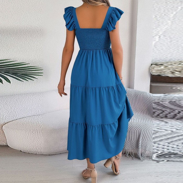 Solid Tank Square Collar Sleeveless A-Line Maxi Dress Backless Slim Waist Pleated Beach Dresses