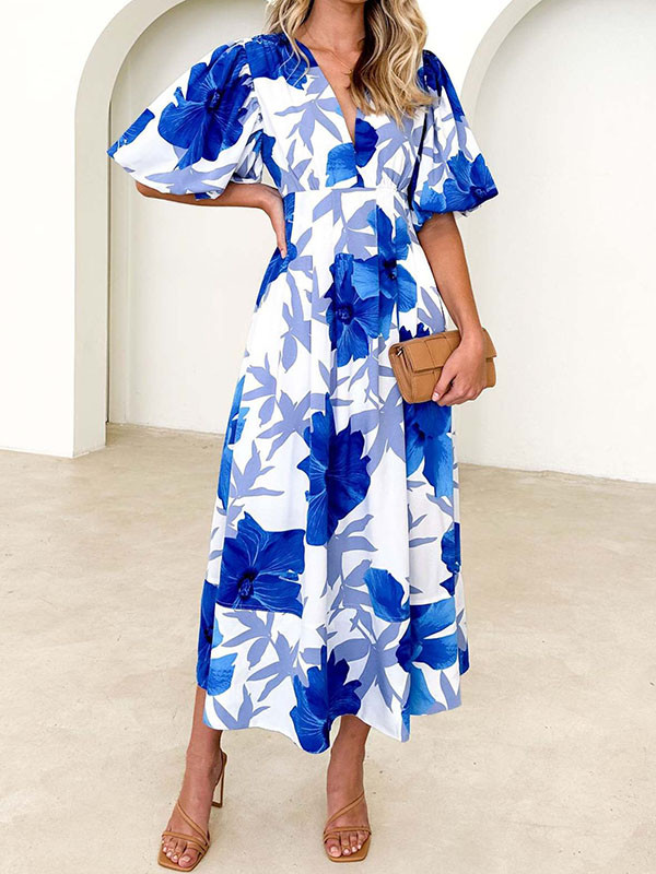 Print Halter Dress Flower A-Line Neck Midi