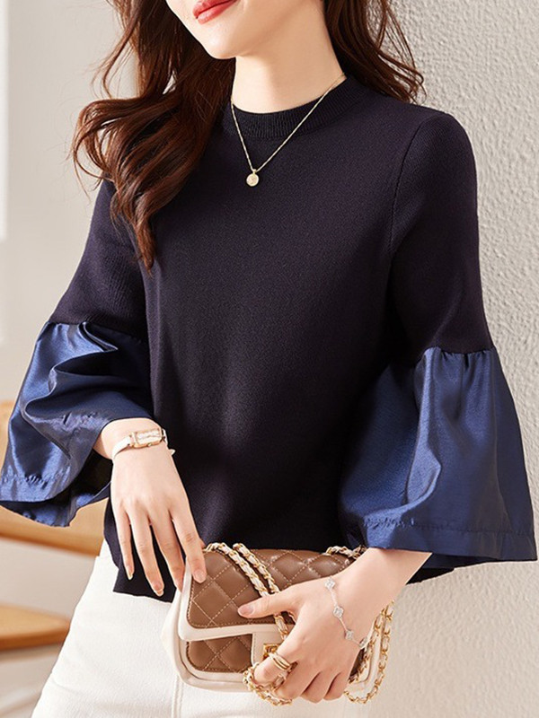 Flared Sleeves Long Sleeves Pleated Split-Joint Round-neck T-Shirts Tops