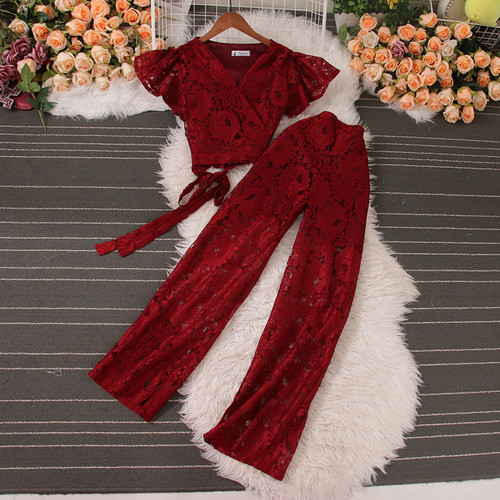 Hollow Pant Sets for Women Ruffle Lace Hook Flower Bandage Short Tops + High Waist Wide Leg Pants Sheer Female Suit New