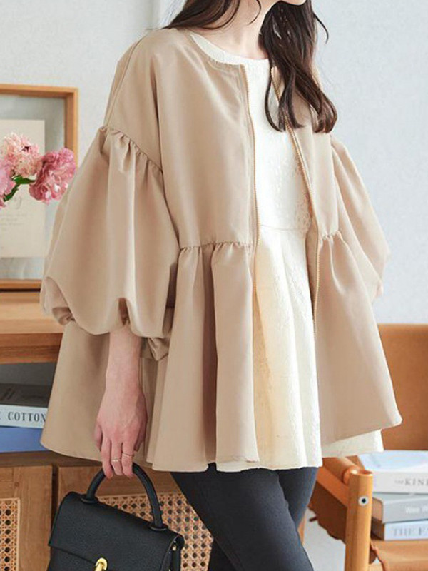 Long Sleeves Loose Elasticity Pleated Solid Color Split-Joint Zipper Round-Neck Outerwear