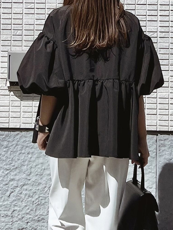 Long Sleeves Loose Elasticity Pleated Solid Color Split-Joint Zipper Round-Neck Outerwear