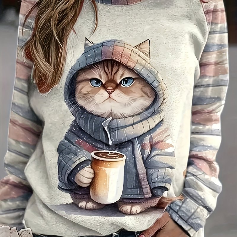 Kitten Print Crew Neck Sweatshirt, Casual Long Sleeve Drop Shoulder Sweatshirt, Women's Clothing