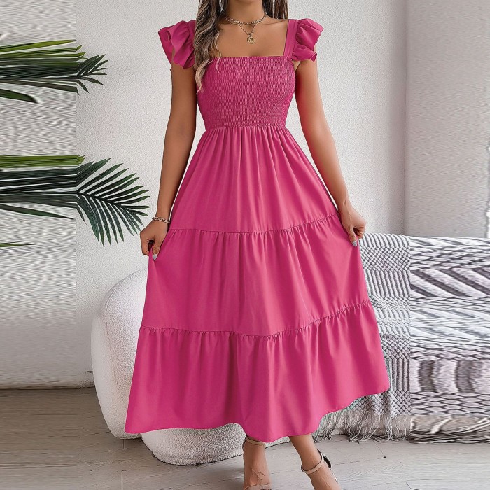 Solid Tank Square Collar Sleeveless A-Line Maxi Dress Backless Slim Waist Pleated Beach Dresses