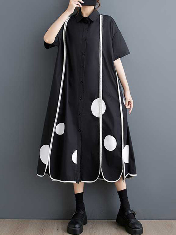 A-Line Half Sleeves Buttoned Pockets Polka-Dot Split-Front Split-Joint Lapel Midi Dresses Shirt Dress