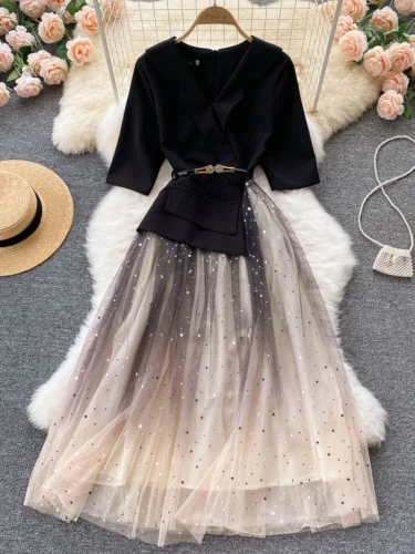 Women's Vintage Mesh Tulle Elegant Party High Waist A-Line Half Sleeve Dress