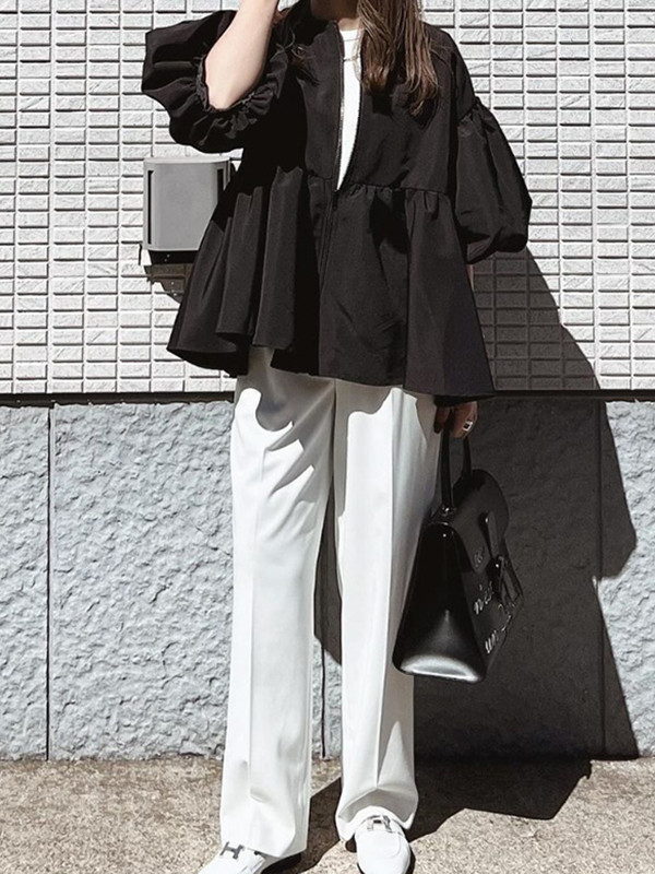Long Sleeves Loose Elasticity Pleated Solid Color Split-Joint Zipper Round-Neck Outerwear