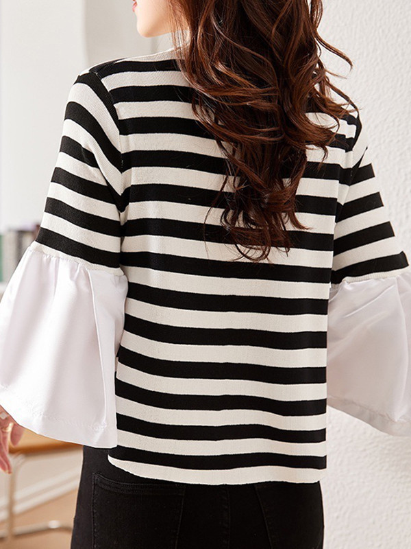 Flared Sleeves Long Sleeves Pleated Split-Joint Striped Round-neck T-Shirts Tops