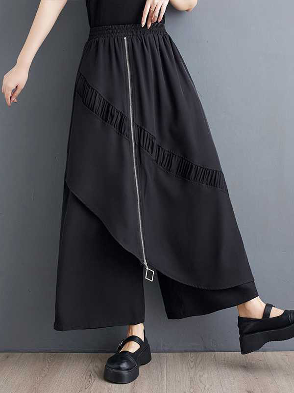 High Waisted Loose Elasticity Pleated Pockets Split-Joint Zipper Culotte Pants