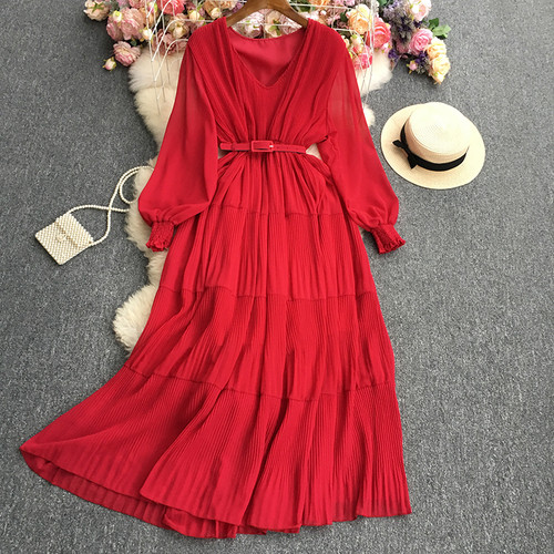 Summer Chiffon Long Dress for Women Pleated Folds Patchwrok Full Sleeve Vintage  Maxi Dresses