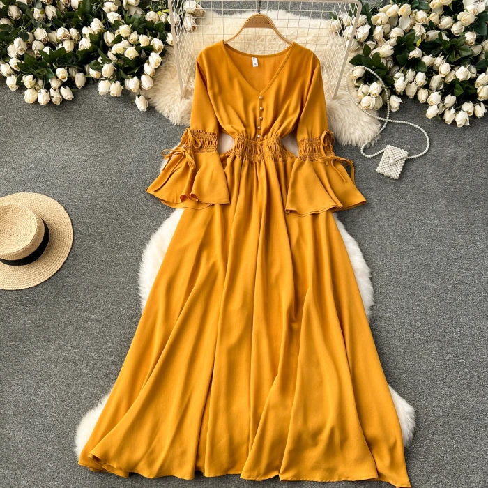 Vintage V-Neck Flare Sleeve Draped Ruffle Maxi Dresses