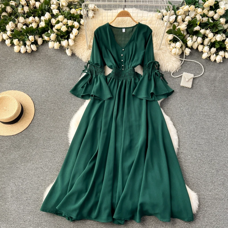 Vintage V-Neck Flare Sleeve Draped Ruffle Maxi Dresses