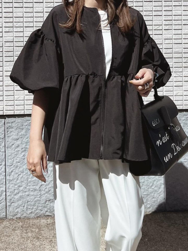 Long Sleeves Loose Elasticity Pleated Solid Color Split-Joint Zipper Round-Neck Outerwear