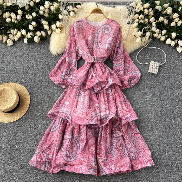 Elegant Ruffle Cake Layered Big Swing  Bohemian Floral Chic Belted Long Dresses