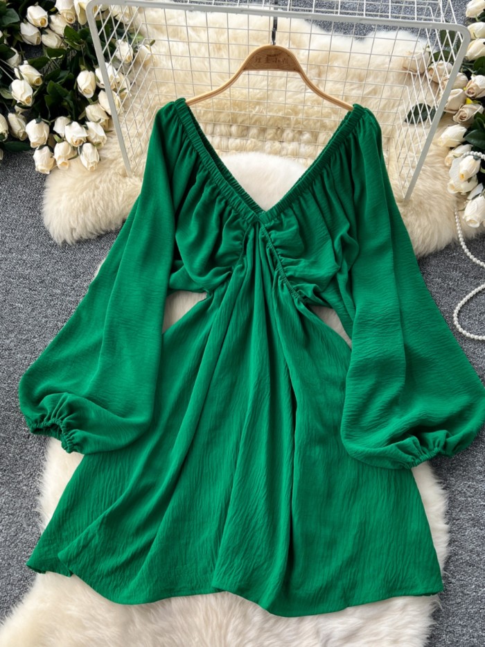Beach Vacation Deep V-Neck Lantern Sleeve Casual Ruffle Bohemian Midi Dress
