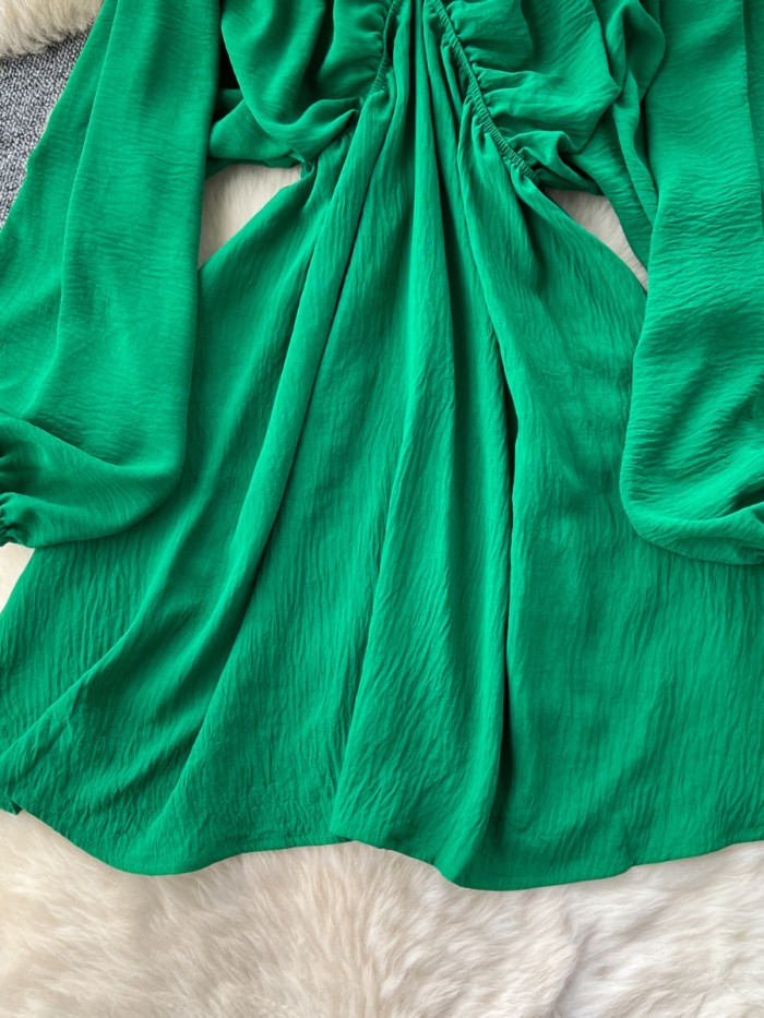 Beach Vacation Deep V-Neck Lantern Sleeve Casual Ruffle Bohemian Midi Dress