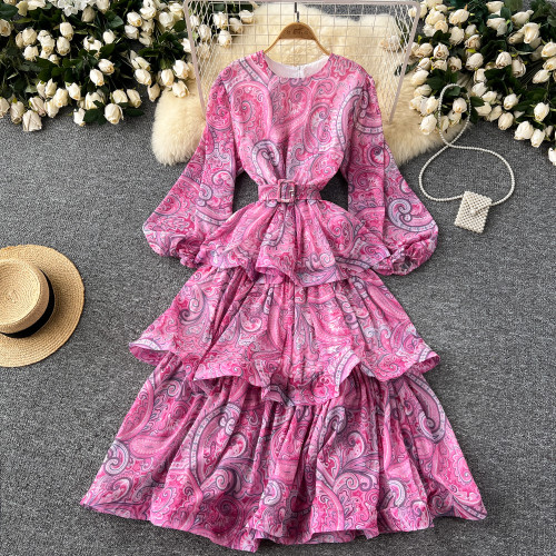 Elegant Ruffle Cake Layered Big Swing  Bohemian Floral Chic Belted Long Dresses