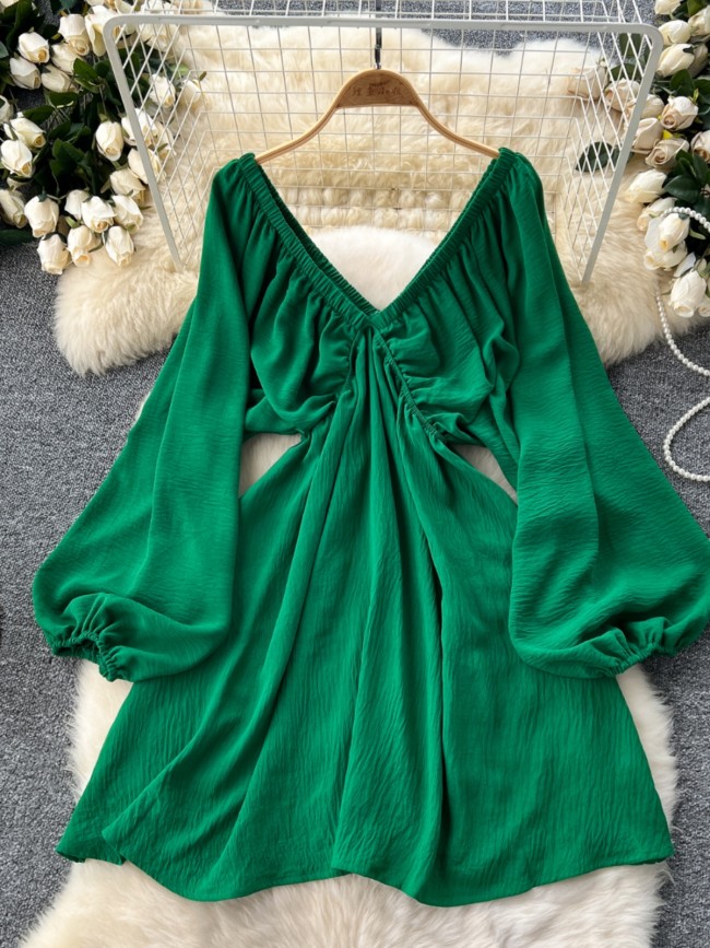 Beach Vacation Deep V-Neck Lantern Sleeve Casual Ruffle Bohemian Midi Dress