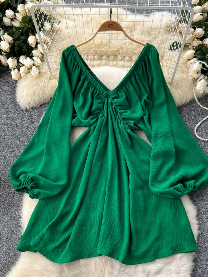 Beach Vacation Deep V-Neck Lantern Sleeve Casual Ruffle Bohemian Midi Dress