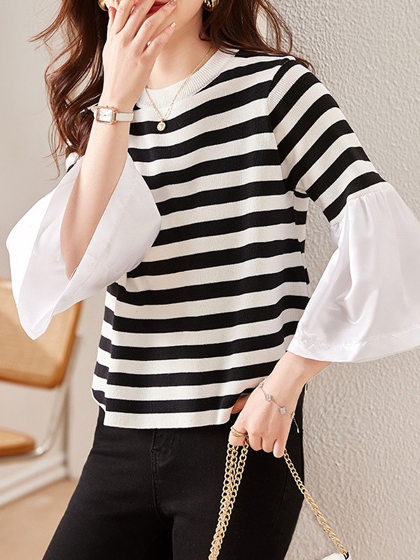 Flared Sleeves Long Sleeves Pleated Split-Joint Striped Round-neck T-Shirts Tops